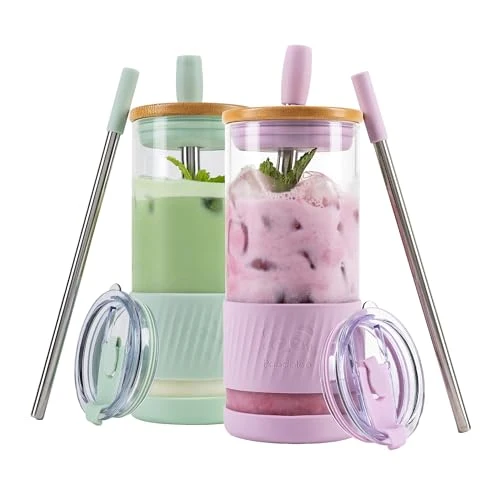 Fast Glass Cups With Lids and Straws 2 Count Practical