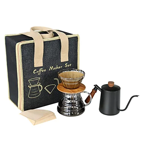 Original Design Pour Over Coffee Maker Set with Black Gooseneck Kettle Wooden Storage Tray Coffee Dripper Glass Server Coffee Scoop DIY Manual Coffee Maker Set Modern