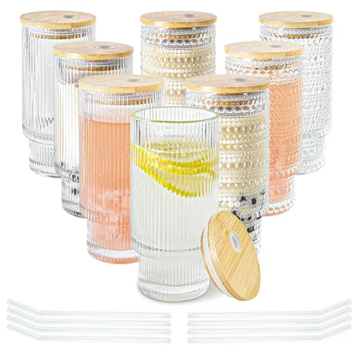 Clean Hobnail Glass Cups with Lids and Straws Drinking Glasses Set of 8 8 Count Long-Lasting