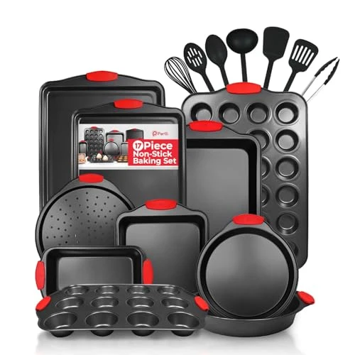 Artisan Non-Stick 17-Piece Baking Pan Set BPA- Carbon Steel Bakeware Set with Silicone Handles Stackable Kitchen Oven Set Cookie Sheet Baking Tray Baking Sheet Set Utensils Oven Safe 446°F Consistent
