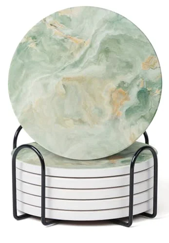 Authentic Set of 6 Sage Green Marble Coasters with Holder 6 Count Refined
