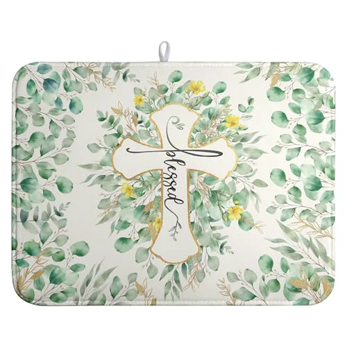 Modern Spring Summer Cross Blessed Dish Drying Mats Spring Eucalyptus Leaves Dish Mat Drying Matt Floral Dishes Dryer Pad for Kitchen Counter Absorbent Microfiber Washable Foldable Reusable 18×24 in Casual
