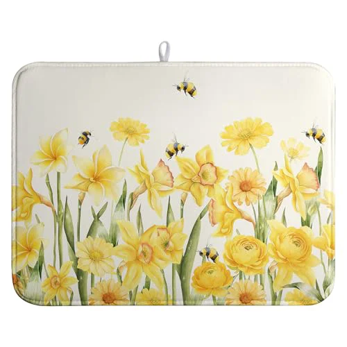 Practical Spring Summer Daffodils Dish Drying Mats Spring Yellow Rose Dish Mat Drying Matt Floral Bee Dishes Dryer Pad for Kitchen Counter Absorbent Microfiber Washable Foldable Reusable 18×24 in Soft