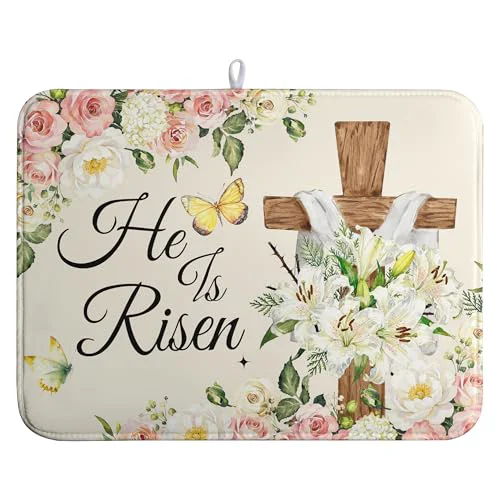 Outstanding Easter He Is Risen Dish Drying Mats Spring Floral Dish Mat Easter Cross Drying Matt Dishes Dryer Pad for Kitchen Counter Absorbent Microfiber Washable Foldable Reusable 18×24 in Natural