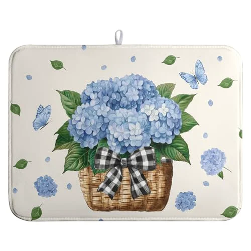 User-Friendly Spring Hydrangea Dish Drying Mats Spring Summer Floral Dish Mat Blue Flowers Butterfly Drying Matt Dishes Dryer Pad for Kitchen Counter Absorbent Microfiber Washable Foldable Reusable 18×24 in Sophisticated