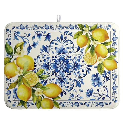 Detailed Lemon Dish Drying Mats Spring Summer Dish Mat Blue Chinoiserie Floral Drying Matt Dishes Dryer Pad for Kitchen Counter Absorbent Microfiber Washable Foldable Reusable 18×24 in Trendy