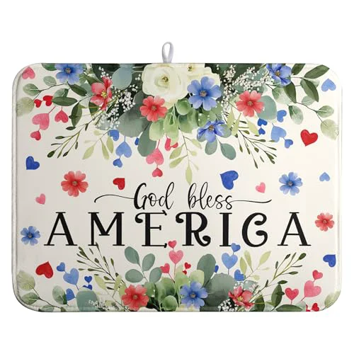 Unique 4th of July Patriotic Floral Dish Drying Mat Summer Memorial Day Large Kitchen Mats Dish Drying Pad Absorbent Dish Dryer Mat for Kitchen Countertops Microfiber Drainer Pad Dish Drying Mats Natural