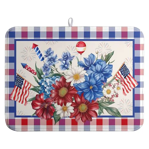 Traditional Patriotic Floral Dish Drying Mats 4th of July Flowers Dish Mat Blue Red Firework Drying Matt Dishes Dryer Pad for Kitchen Counter Absorbent Microfiber Washable Foldable Reusable 18×24 in Specialty