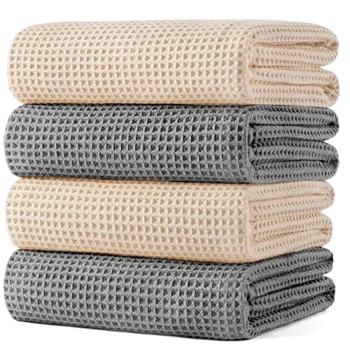 Solid 430 GSM Poly Blend Microfiber Quick Dry Waffle Bath Towel 4 Count Eco-Friendly