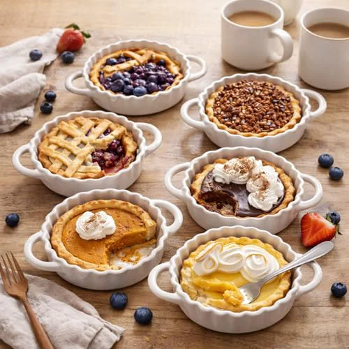 Sustainable 5in Ceramic Mini Pie Pan Set of 6 with Handles for Pie Quiche Tart. Easy to grip 6 Count Innovative