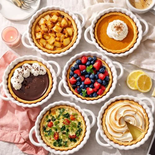 Powerful 6in Ceramic Mini Pie Pan Set of 6 with Handles for Pie Quiche Tart. Easy to grip 6 Count Breathable