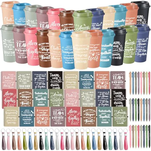 Solid 24 Set 96 Pcs Team Appreciation Gifts Bulk Team Thank You Gift Set 16 oz Coffee Cups Thank You Mini Spiral Notebooks Pens Keychains for Staff Teacher 24 Count Prestigious