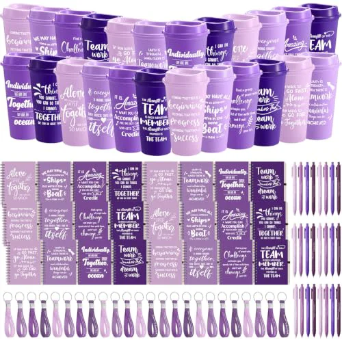Sophisticated 24 Set 96 Pcs Team Appreciation Gift Set Inspirational Employee Appreciation Gift Bulk 16 oz Coffee Cups with Team Notebook Pen Keychains for Staff Teacher 24 Count Detailed