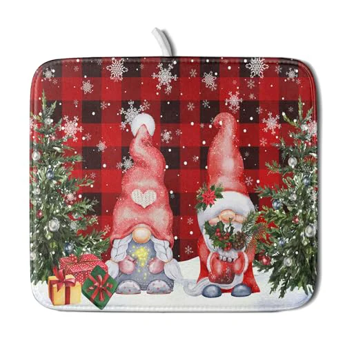 Safe Winter Gnome Dish Drying Mat 16×18 inch Christmas Elf Trees Snowflakes Dish Drainer Mats Black Red Buffalo Plaids Fast Drying Absorbent Dish Drying Pad for Kitchen Countertop Holiday Decor Optimized