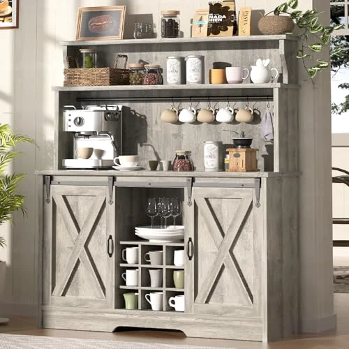 High-End Farmhouse Coffee Bar Cabinet with 3 Tier Storage Hutch Minimalist