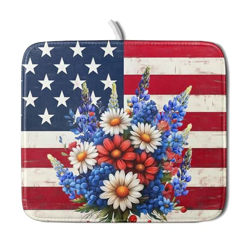 Lightweight 4th of July Patriotic Flower Dish Drying Mat for Kitchen Counter Next-Generation