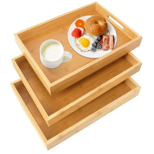 Elite 3 Pack Large Bamboo Serving Tray with Handles 3 Count Next-Generation