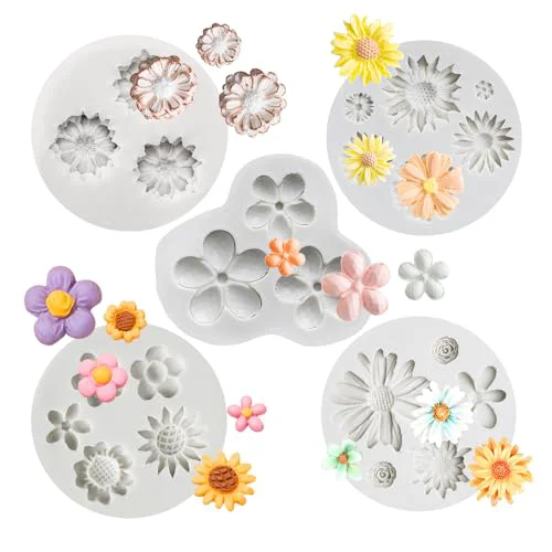 Professional 5 Pieces Flower Fondant Cake Molds Fondant Silicone Mold Daisy Flower 5 Count Advanced