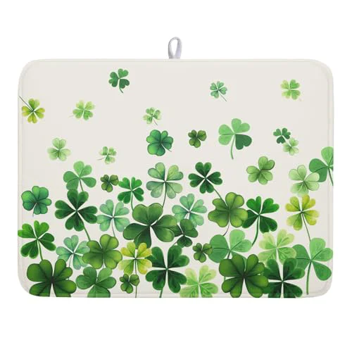 Eco-Friendly Happy St. Patrick’s Day Dish Drying Mat for Kitchen Green Kitchen Dish Drying Mat for Dishes Spring Lucky Clover Shamrock Drying Mats 18×24 Inch Absorbent Reversible Dish Pad for Countertop Coffee Bar Powerful