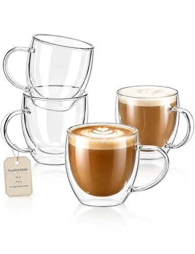 High-Quality 8.5oz Double Walled Glass Coffee Mugs with Handles 4 Count Elegant