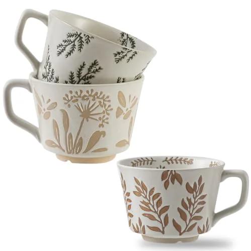 Certified 12 Ounce Ceramic Mug Set of 3 Embossed Leaf Ceramic Coffee Mugs Top-Quality
