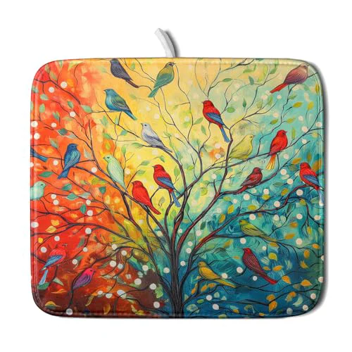 Pure Colorful Spring Summer Tree Bird Dish Drying Mats for Kitchen Counter 16 x18 Absorbent Reversible Microfiber Spring Floral Dish Drying Pad Seasonal Flowers Mat Dish Draining Mat for Countertop Decor High-Performance