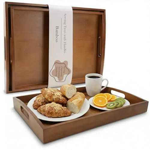 Excellent Bamboo Serving Tray with Handles 2 Count Reusable