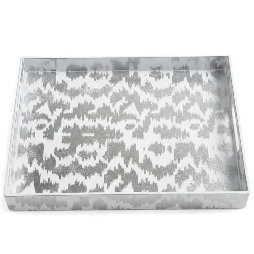 Contemporary White Silver Glitter Abstract Serving Tray with Handles Minimalist