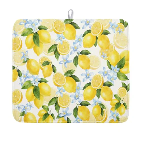 Enhanced Lemon Dish Drying Mat 16×18 Inch Absorbent Reversible Summer Drying Mat Floral Lemon Fruits Dish Drying Rack Mat Yellow Summer Themed Dish Drainer Mat for Kitchen Counter Coffee Bar Sophisticated
