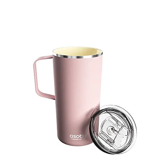Proven Tower Mug Ceramic Inner Coated Insulated Stainless Steel Cup for Pure Tasting Coffee with Easy Hold Handle and Tritan Lid Fits Standard Cup Holders 20 Ounce Travel Mug Powdered Pink Advanced