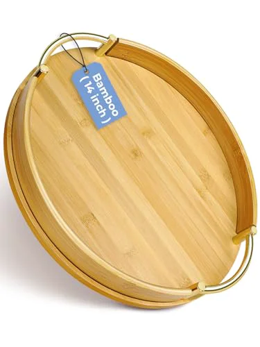 High-Performance 14″ Round Bamboo Serving Tray with Handles Dependable