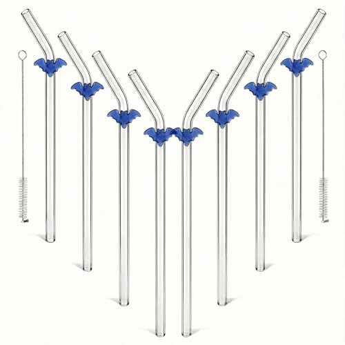 Solid Blue Bat Drinking Straws with Glass Charms 8 Count Modern