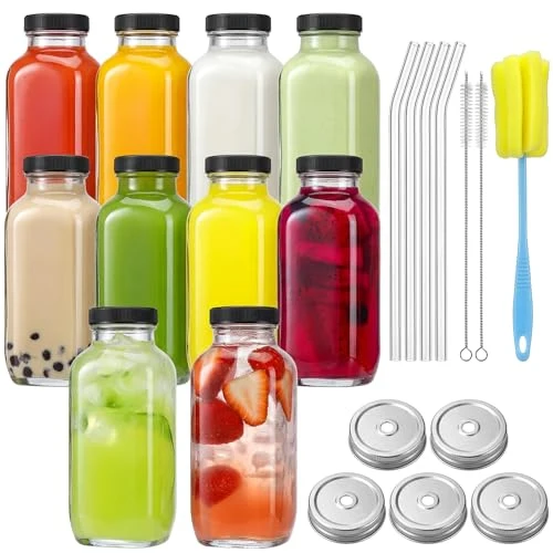 Specialty 10pcs 16oz Glass Juice Bottles with Lids 10 Count Certified