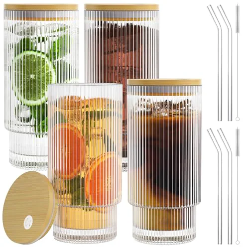 Durable 16OZ Ribbed Glass Cups with Lids and Straws Comfortable