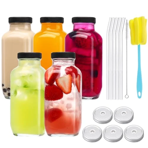 Effective 5pcs 16oz Glass Juice Bottles with Lids 5 Count Lightweight