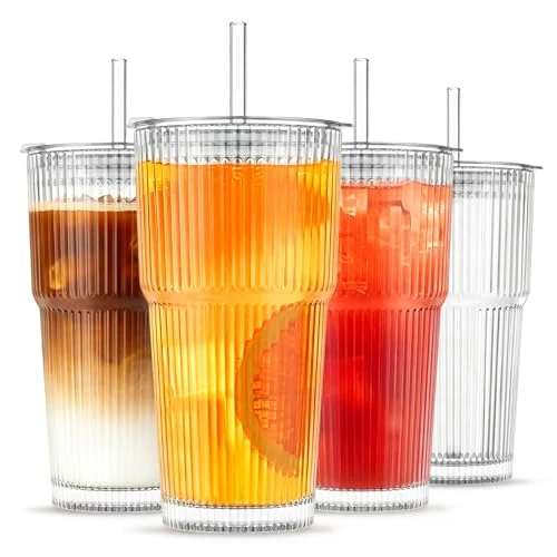 Easy-to-Use 20 oz Ribbed Glass Tumblers with Lids and Glass Straws Smooth