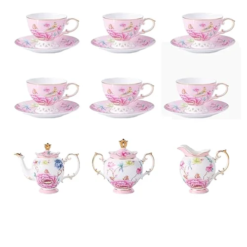 World-Class Pink Floral Porcelain Tea Set with 6 Cups and Saucers Sophisticated