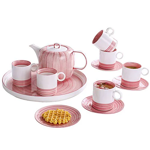 Traditional Utility Tea Set for Adults Tea Cup and Saucer Sets of 6 Afternoon Tea Set Pink Teapot Coffee Cup Set with Tea Tray Gift for Mother’s Day Teapots Official