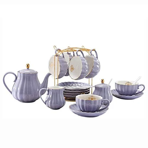 Expertly Made Utility 22 Pieces Ceramic Coffee Tea Gift Sets Porcelain Tea Sets British Royal Series Purple Teapot Sugar Bowl Creamer Pitcher and Teaspoons Teapots Trendy