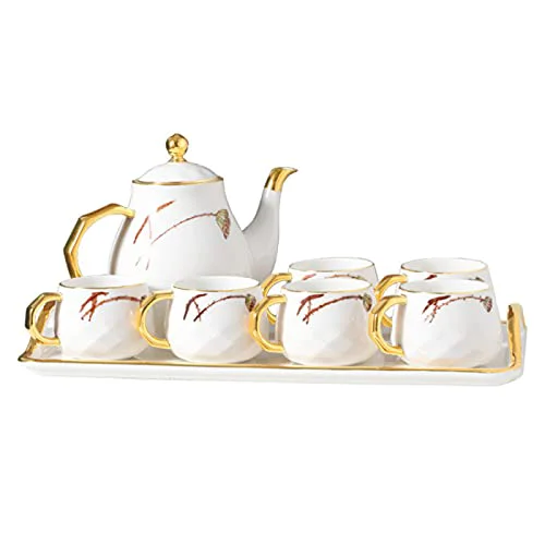 Next-Generation Porcelain Tea Set Tea Cups Sets of 6 Teapot and Cup Set Ceramic Tea Service with Lotus Pattern Gift for Adults Women Elite