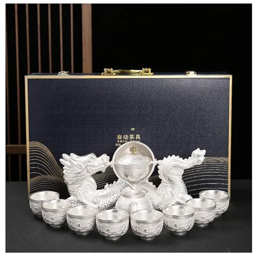 Refined 10 13 Pcs Silver Tea Set with Metal Holder and Spoon Adult Silver Tea Party Set Automatic Water Outlet with Gift Box Teapot Cup Set for Women 8 Eco-Friendly