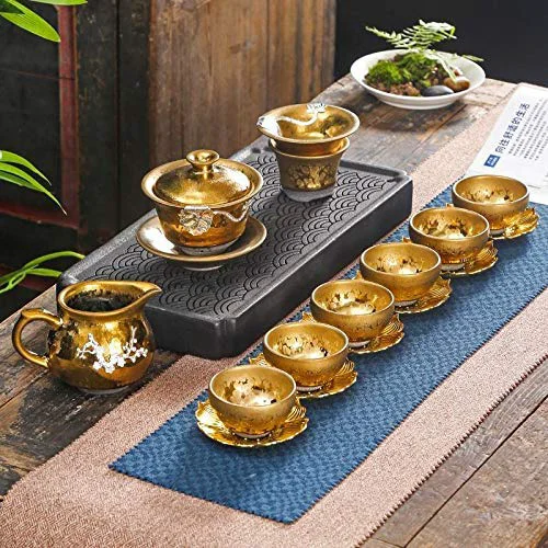 Fashionable Silver 9pcs Inlaid Silver Tea Set Kung Fu Ceramic Household Sterling Silver Tea Cup Lid Bowl Teapot for Gift Fast