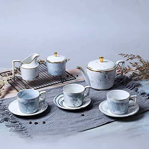 Refined 11Pcs Porcelain Tea Set for Adults Coffee Cup and Saucer Sets Gray Coffee Cups Set with Teapot Sugar Bowl Eco-Friendly