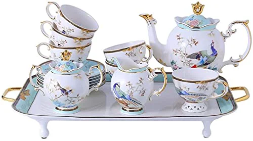Official Chinese Light Luxury Afternoon Tea Tea Set teapot Ethnic feng Shui Set Bone China Coffee Cup Set Coffee Set with Tray Housewarming Gift A Top-Quality