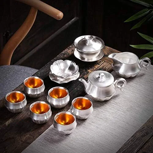 Specialty 999 Sterling Silver Tea Set Kung Fu Tea Cup Set with Silver Set Tea Home Ceramic Teapot Lid Bowl for Gift Breathable