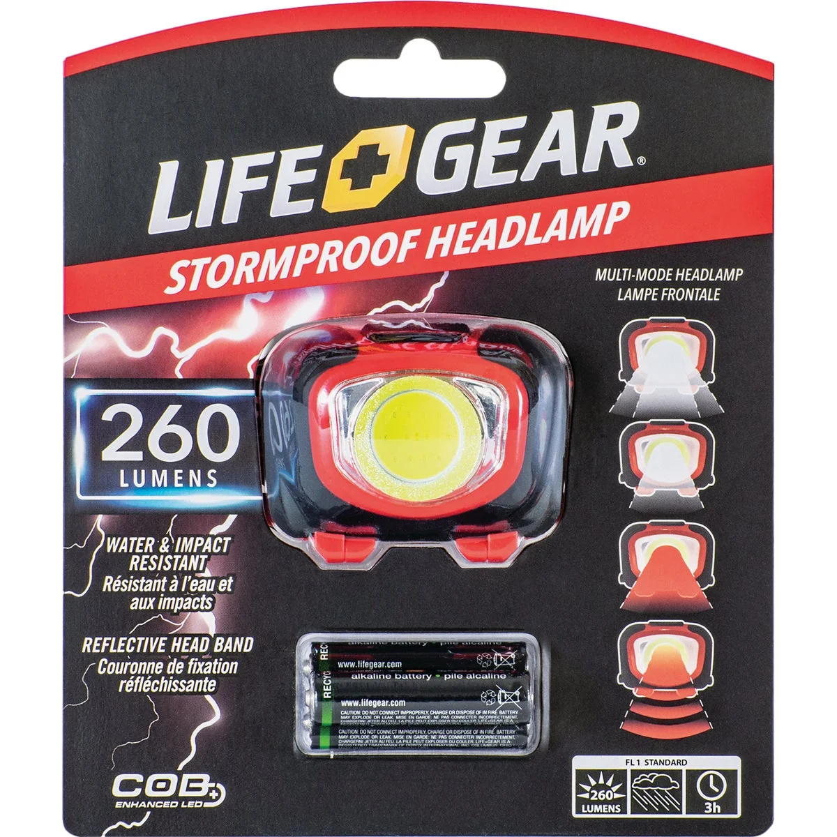 Certified Life Gear Storm Proof 260 Lm. LED 3AAA Headlamp Reusable