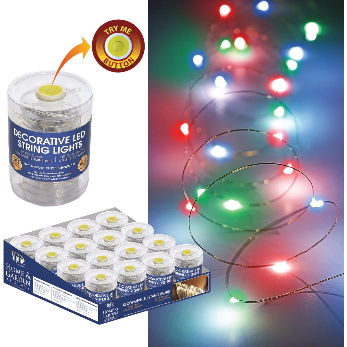 Recyclable Alpine Various Color 60-Bulb LED Battery Operated String Light Set Selected