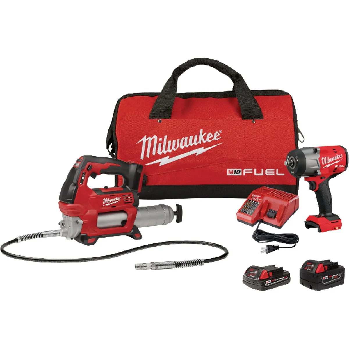 Clean Milwaukee M18 FUEL 2-Tool Brushless Cordless High Torque Impact Wrench Grease Gun Combo Kit with 1 5.0 Ah Battery 1 2.0 Ah Battery Charger Fine Crafted