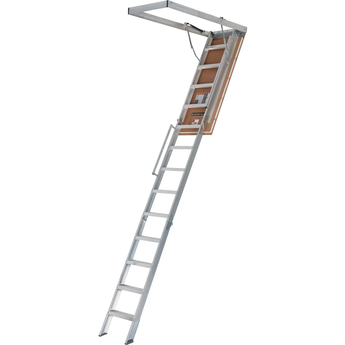 Certified Louisville Everest 10 Ft. to 12 Ft. 22-1 2 In. x 63 In. Aluminum Attic Stairs 375 Lb. Load Excellent