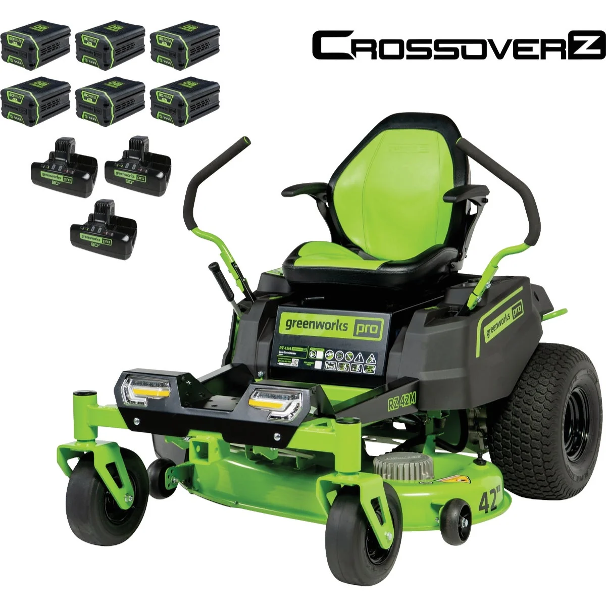Functional Greenworks 80V 42 Battery Electric CrossoverZ Zero-Turn Riding Lawn Mower with 6 5.0 Ah Batteries and 3 Dual-Port Turbo Chargers Professional